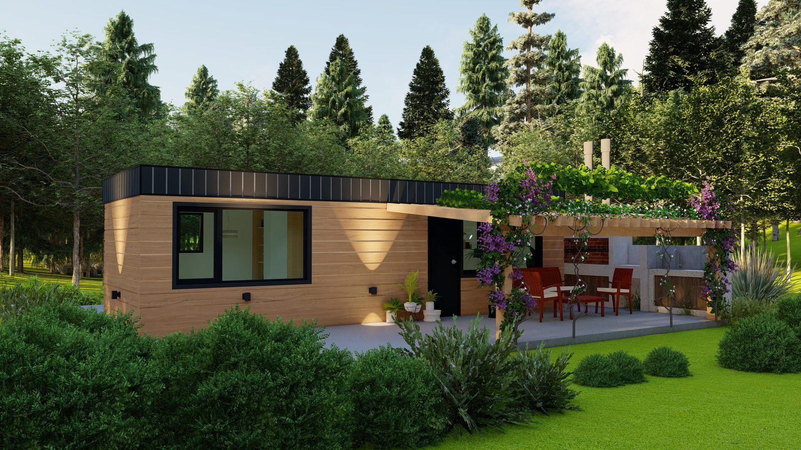 Casa modular My House integrada al paisaje patagónico al atardecer