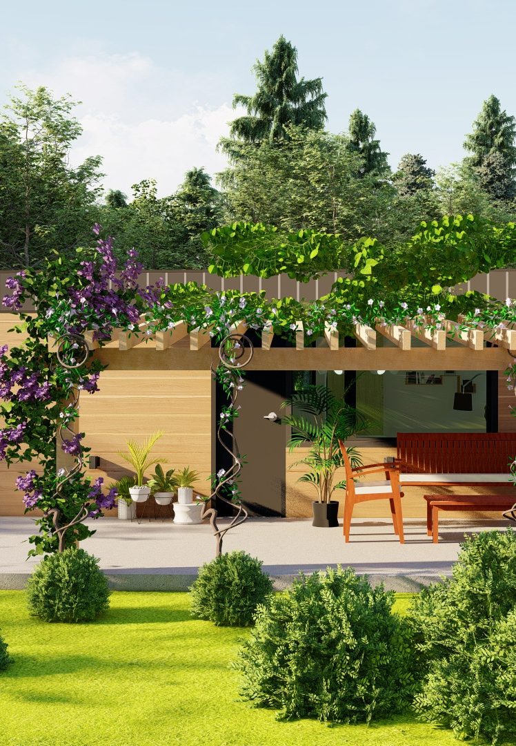 Modelo M27 vista exterior con galería y pérgola